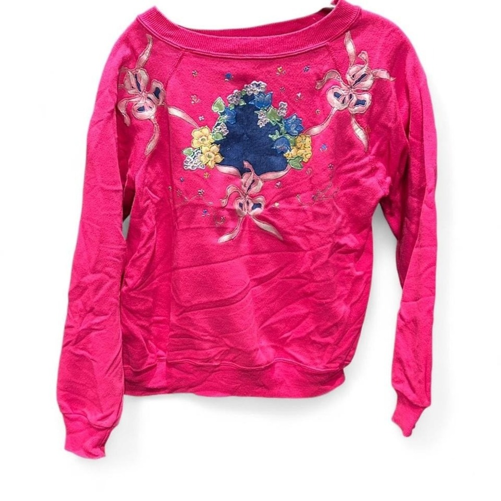 WOMENS RETRO 90'S PINK HANES CREWNECK WITH PUFF PAINT EMBELLISHMENTS SIZE MEDIUM